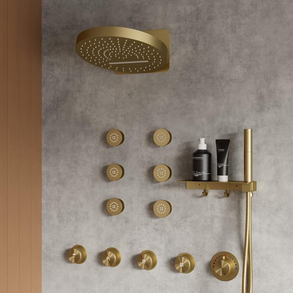 CRANACH 15-Spray 13 in. Wall Mount Dual Shower Head and Handheld Shower with 6-Jets in Brushed Gold (Valve Included)