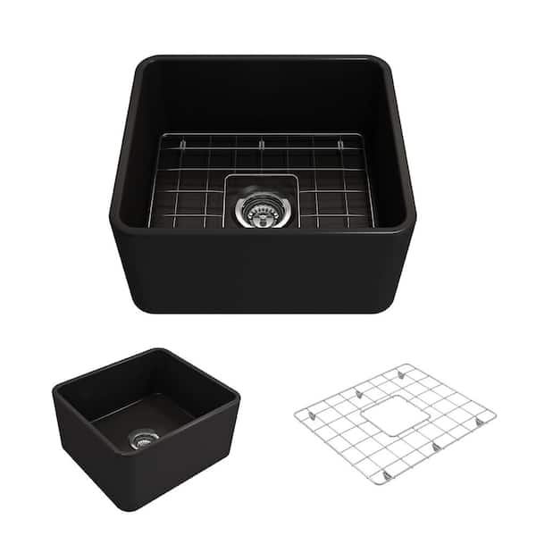 BOCCHI Classico Farmhouse/Apron Front Fireclay 20 in. Single Bowl Kitchen Sink with Bottom Grid and Strainer in Matte Black