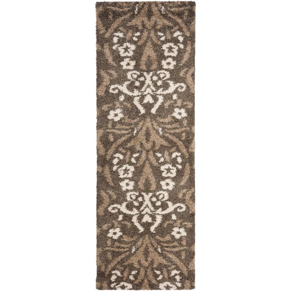 SAFAVIEH Florida Shag Smoke/Beige 2 ft. x 11 ft. Antique Floral Runner Rug