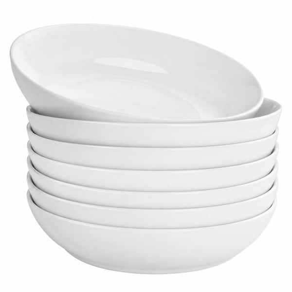 7-Piece Wide Shallow Pasta Bowls, White, Porcelain, Kitchen Serving Bowl, Service for Daily Soup, Dinnerware Sets