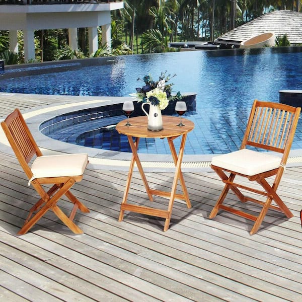 Unbranded 3-Piece Folding Acacia Wood Outdoor Bistro Set with Round Coffee Table and Cream Cushion