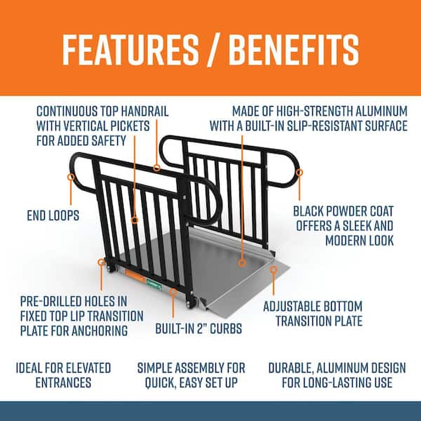 GATEWAY 3G 4 ft. Aluminum Solid Surface Wheelchair Ramp with Black Vertical Picket Handrails