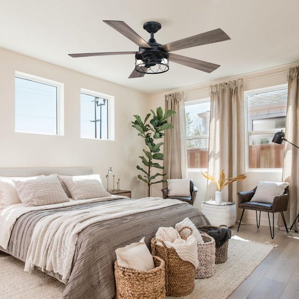 52 in. Farmhouse Indoor Black Downrod Mounted 5-Blade LED Ceiling Fan with Light Kit and Remote