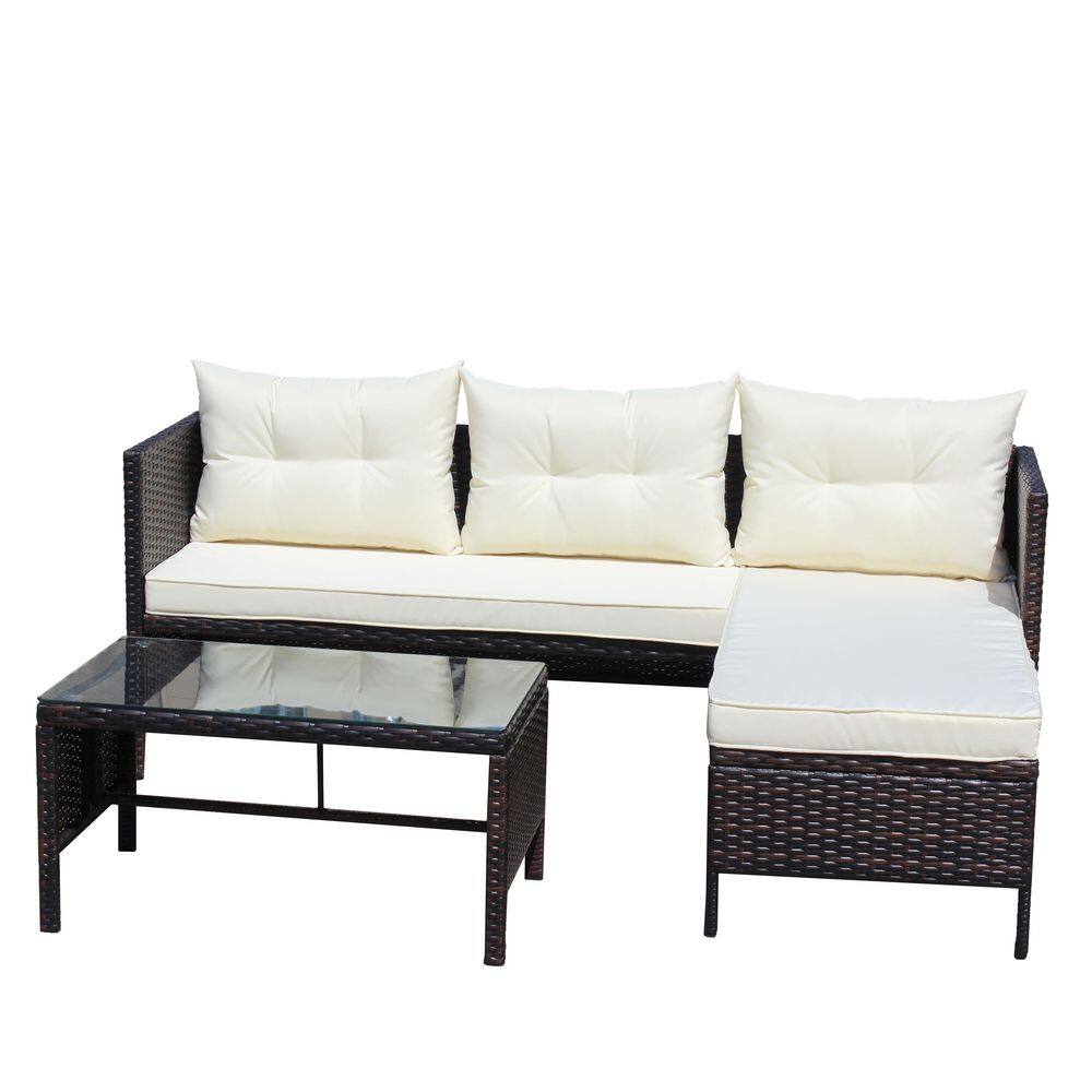 Brown 3-Piece Wicker Outdoor Patio Conversation Set with Beige Cushion price history on PriceWatchPro