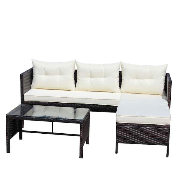 Brown 3-Piece Wicker Outdoor Patio Conversation Set with Beige Cushion