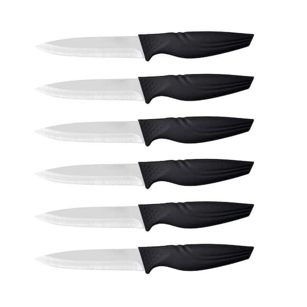 4 in. Ceramic Straight Edge Partial Tang Steak Knife with Black Handle (Set of 6)