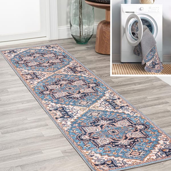 Cirali Ornate Blue/Beige 2 ft. x 10 ft. Large Medallion Washable Runner Rug