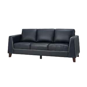 Casio 81.5 in. Slope Arms Genuine Leather Mid-century Modern Rectangle Sofa in Blue