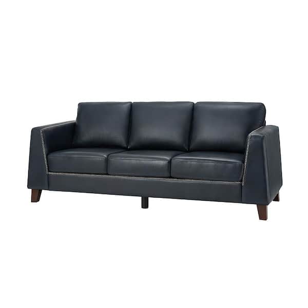 JAYDEN CREATION Casio 81.5 in. Slope Arms Genuine Leather Mid-century Modern Rectangle Sofa in Blue