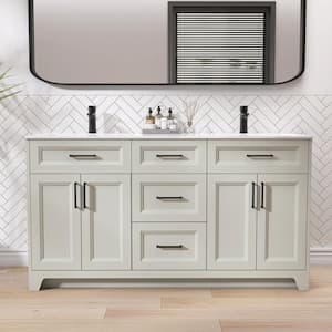 60 in. W x 22 in. D x 34 in. H Double Sinks Freestanding Shaker Bath Vanity in Light Gray with Solid Stone Top and Sink