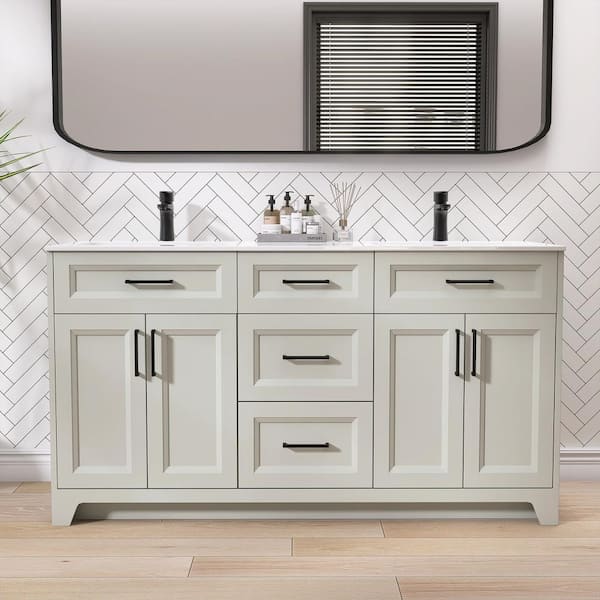 Zeafive 60 in. W x 22 in. D x 34 in. H Double Sinks Freestanding Shaker Bath Vanity in Light Gray with Solid Stone Top and Sink