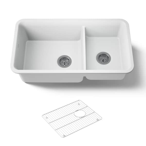 Cairn Undermount Neoroc Granite Composite 33.5 in. Double Bowl Kitchen Sink Kit in Matte White