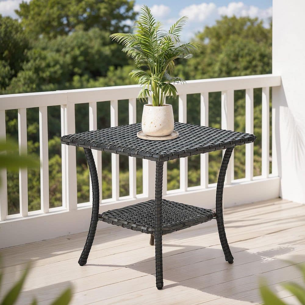 Brown Square Wicker Outdoor Side Table with Storage Shelf Modern Farmhouse Patio Rattan Coffee Table for Garden price history on PriceWatchPro
