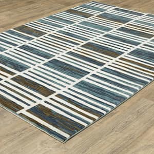 Ross Ivory/Blue Doormat 3 ft. x 5 ft. Geometric Stripe Polypropylene/Polyester Fringed Indoor Area Rug