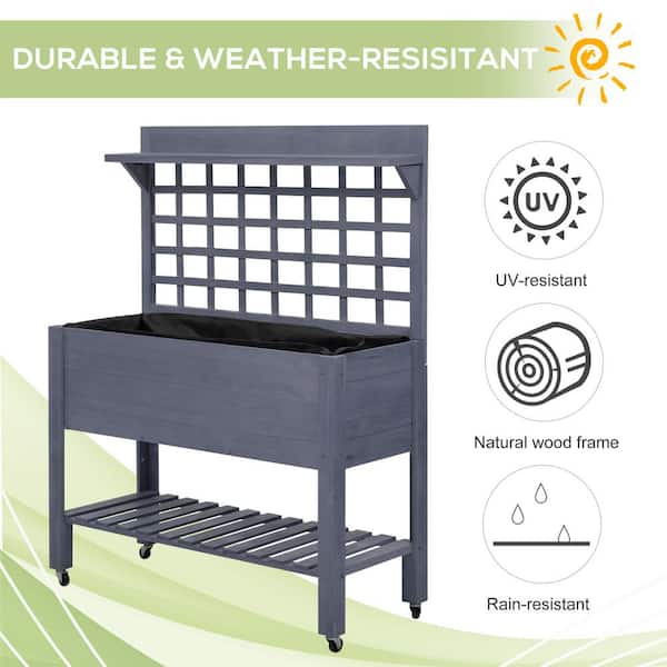 41 in. Gray Wood Raised Garden Bed with Trellis on Wheels