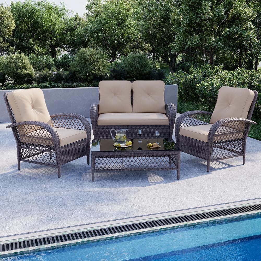 UPHA 4Piece Wicker Outdoor Patio Deep Seating Conversation Set with Beige Cushions LHBRAB