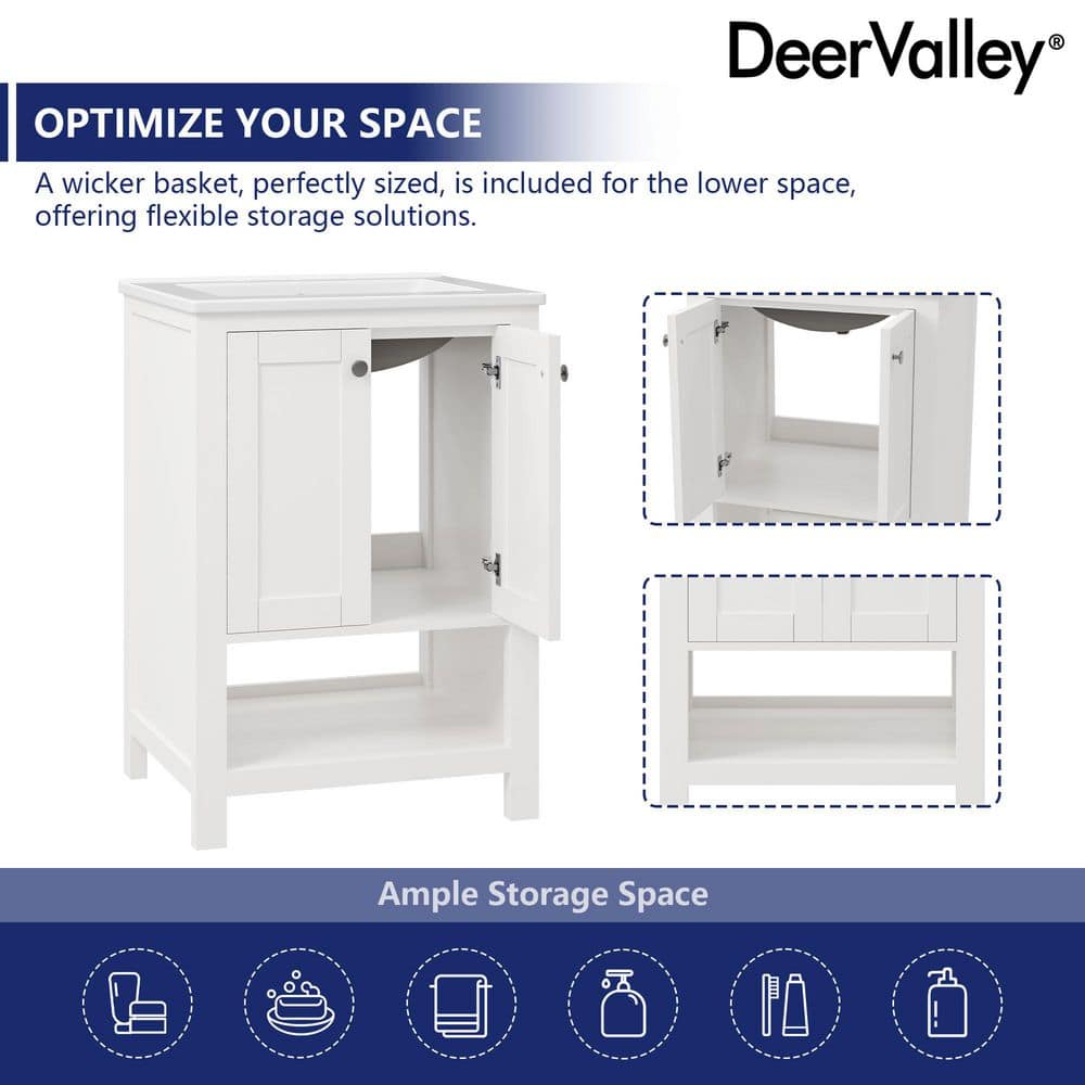 24" White Solid Wood Freestanding Bathroom Vanity with Ceramic Sink