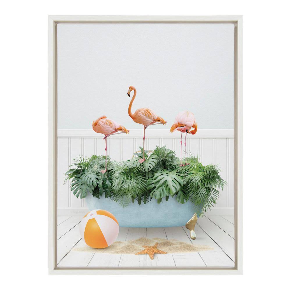 White Canvas Three Flamingos Beach House Bath Art Print