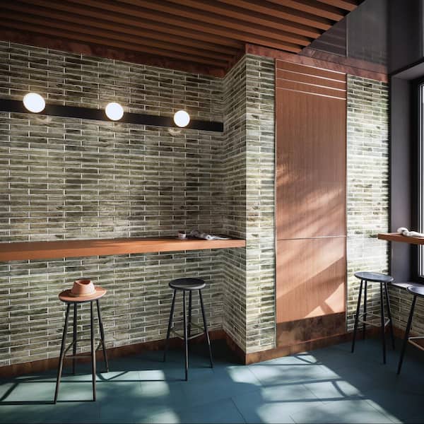 Fargin Brick Platinum Moss 1.96 in. x 11.81 in. Polished Glass Subway Wall Tile (3.22 sq. ft./Case)