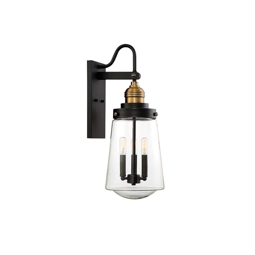 Vintage Black and Brass 3-Light Outdoor Wall Lantern