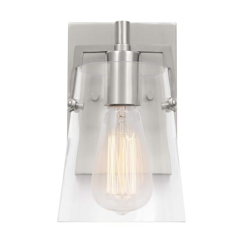 SCOTT LIVING Crofton 5.25 in. W x 9 in. H 1Light Brushed Steel Bathroom Wall Sconce with Clear