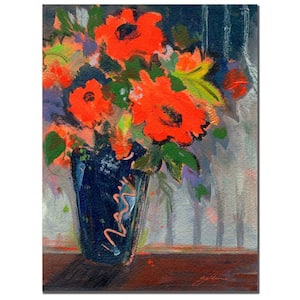 18 in. x 24 in. Striped Wall with Red Flowers Canvas Art