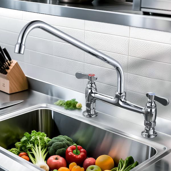 Double Handle Deck Mounted Standard Kitchen Faucet, Commercial Faucet with 14 in. Long Spout in Polished Chrome