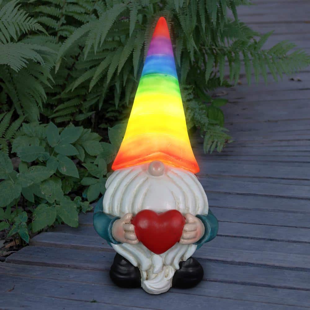 Solar Rainbow Hat Garden Gnome with Heart, 6 x 12.5 Inches