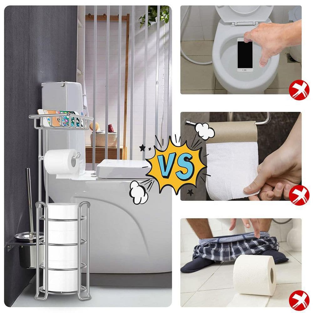 Glossy Silver Metal Freestanding Toilet Paper Holder with Storage Shelf