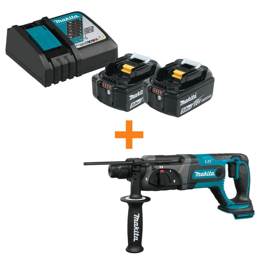 Makita 18V LXT Lithium-Ion Battery and Rapid Optimum Charger Starter Pack (5.0Ah) with 18V LXT 7/8 in. SDS-Plus Rotary Hammer (BL1850BD-XRH04Z)