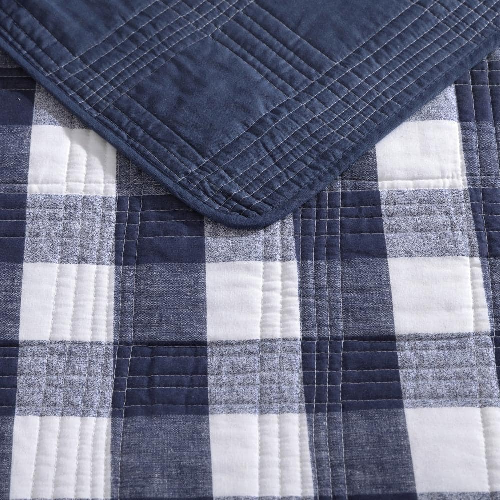 Full Blue Cotton Reversible Plaid Quilt Set