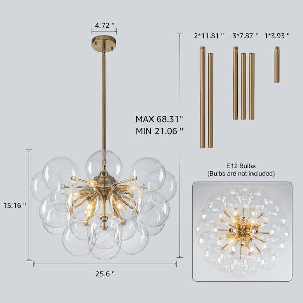 TinHon 25 in. 8-Light Gold Bubble Glass Chandelier, Modern Sputnik