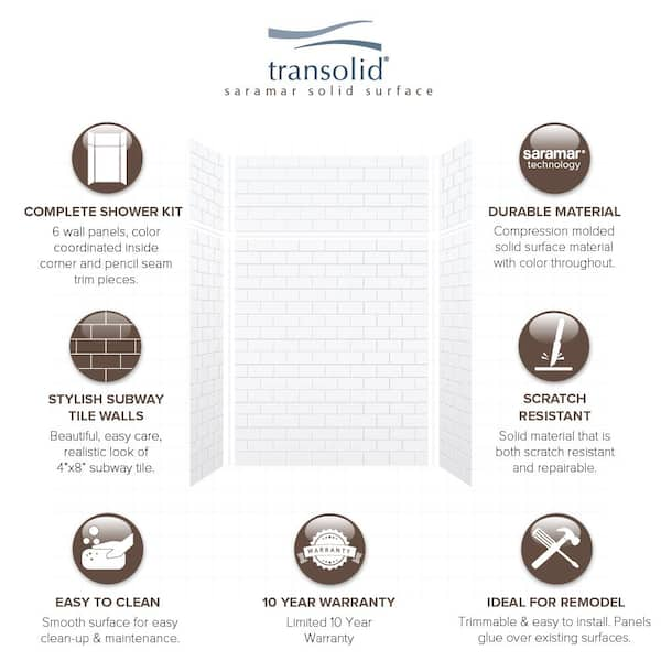 Transolid Swkx48367224-21 Saramar 48-in x 36-in x 96-in Glue to Wall 6-Piece Shower Wall Kit with Extension, White