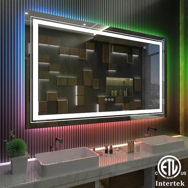 Apmir 60 in. W x 36 in. H Rectangular Frameless RGB Backlit, LED Frontlit Anti-Fog Tempered Glass Wall Bathroom Vanity Mirror