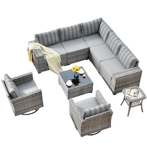 Crater Grey 9-Piece Wicker Wide-Plus Arm Patio Conversation Sofa Set with Swivel Rocking Chairs and Stripe Grey Cushions