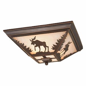 Yellowstone Bronze Rustic Moose Tree Square Outdoor Flush Mount 3-Light Ceiling Fixture