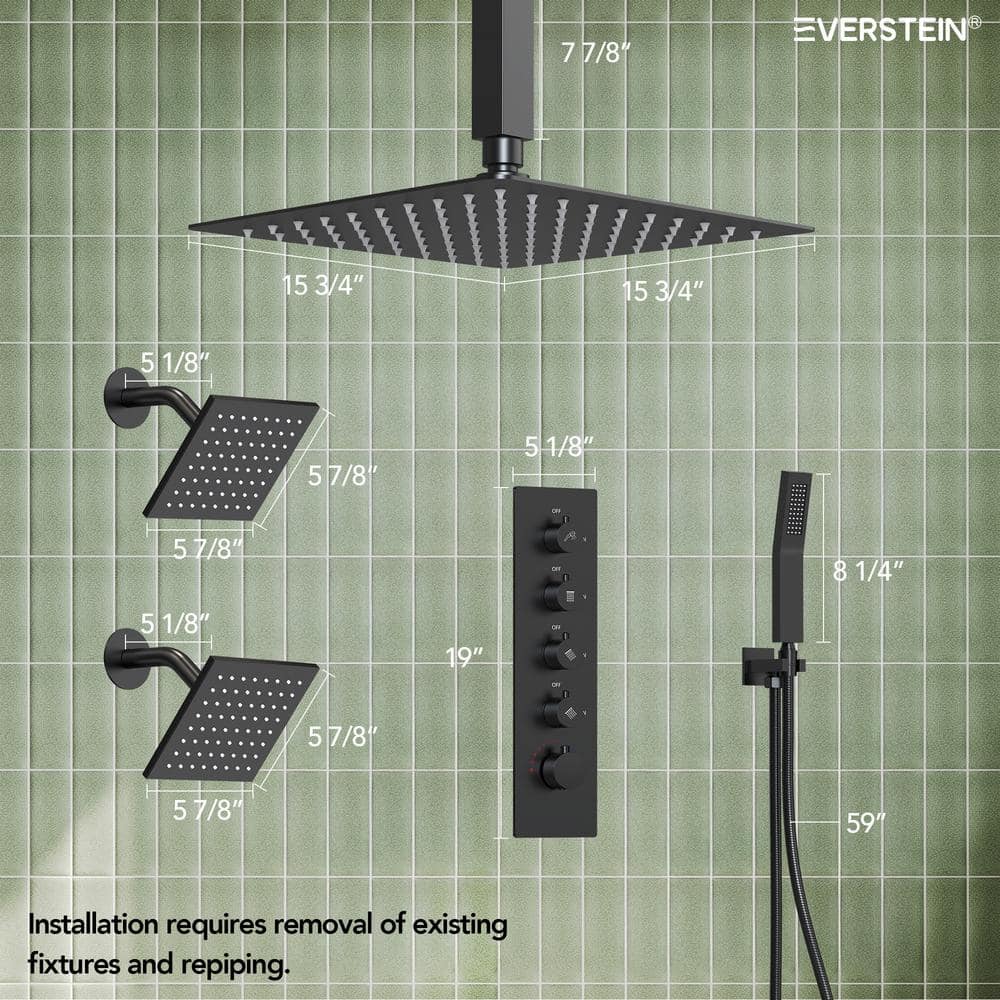 Matte Black 16" Stainless Steel Multi-Head Shower System