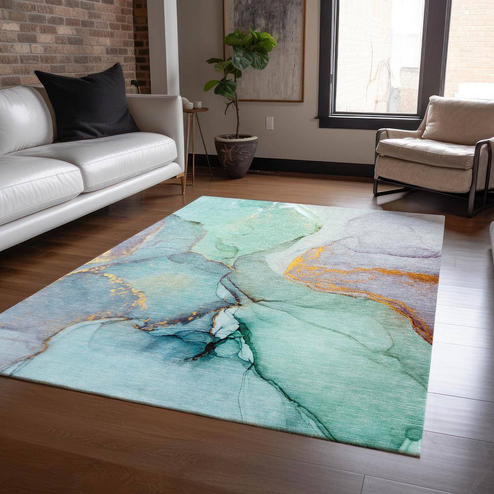 Teal and Gold 8' x 10' Washable Synthetic Area Rug