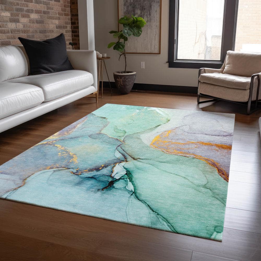 Teal and Gold 8' x 10' Washable Synthetic Area Rug