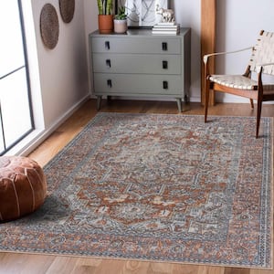 Aila 9 ft. X 12 ft. Orange, Blue, Beige, Brown Traditional Distressed Medallion Persian Style Machine Washable Area Rug