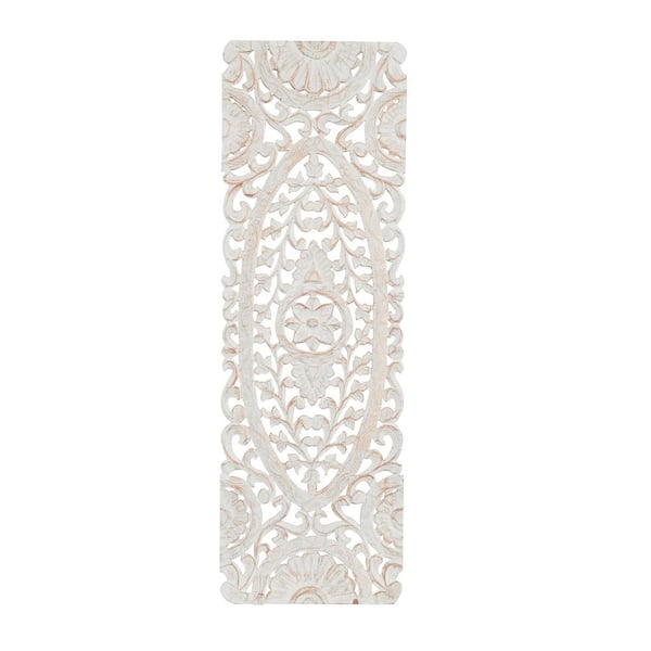 Litton Lane 16 in. x  48 in. Wood White Handmade Intricately Carved Floral Wall Decor
