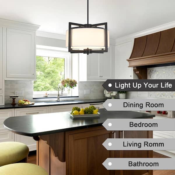 4-Light Matte Black Chandelier Pendant Light with White Drum Shade