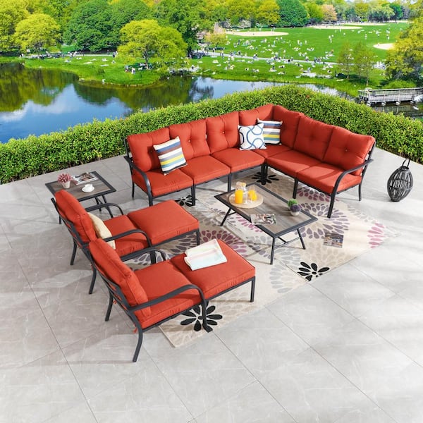 Patio Festival 12-Piece Metal Patio Conversation Sectional Seating Set with Red Cushions