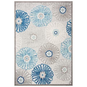 Cabana Gray/Blue Doormat 3 ft. x 5 ft. Border Floral Indoor/Outdoor Patio Area Rug