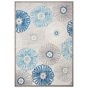 Cabana Gray/Blue 4 ft. x 6 ft. Border Floral Indoor/Outdoor Patio  Area Rug