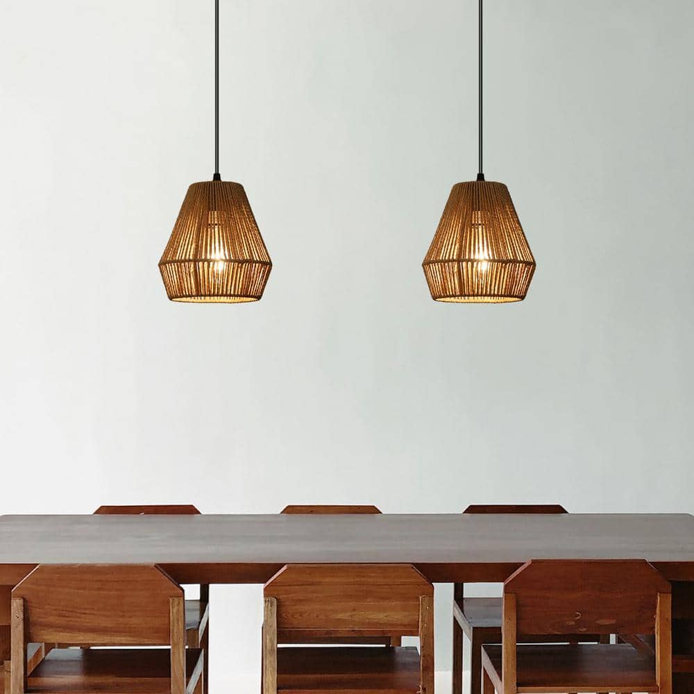 Adjustable Natural Rattan and Wood Pendant Light Set