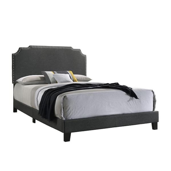 Benjara Gray Wood Frame Queen Platform Bed with Nailhead Trims