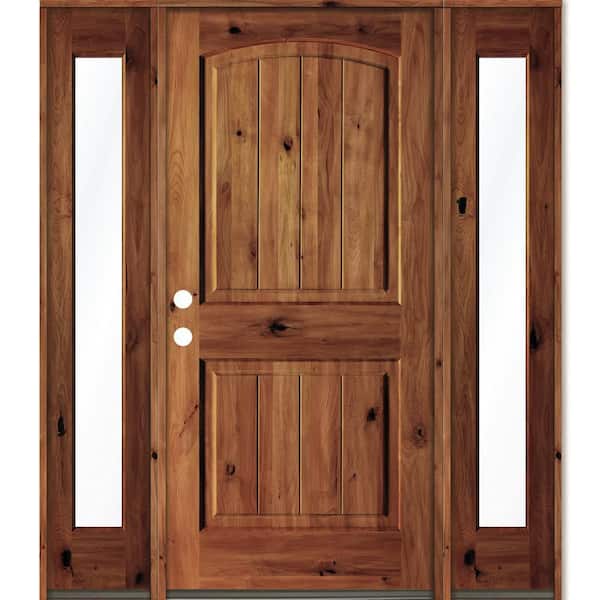 Krosswood Doors 70 in. x 80 in. Rustic Alder Arch Red Chestnut Stained Wood with V-Groove Right Hand Single Prehung Front Door