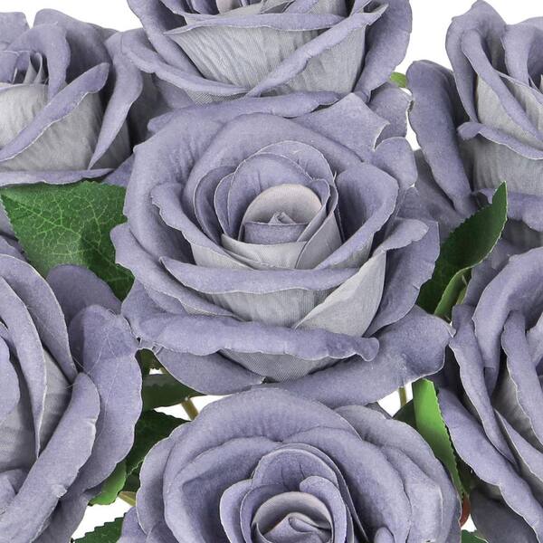 LIVING LUXURY 16 in. Grey Blue Artificial Velvet Rose Flower Stem