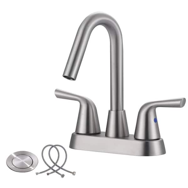 4 in. Centerset Double Handle High Arc Bathroom Faucet with Pop Up Drain Kit and 360° Swivel Spout in Brushed Nickel